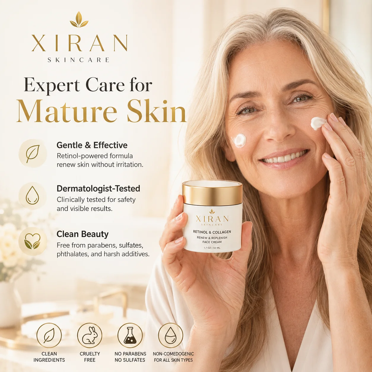 A woman applying Xiran Skincare Retinol & Collagen face cream, highlighting benefits for mature skin, gentle formula, and clean beauty ingredients.